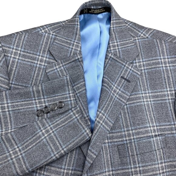 Unbranded Blazer Men 40 Gray Blue Windowpane Plaid Classic Wool Jacket Chile - Picture 1 of 12